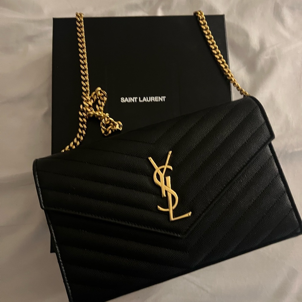 Saint Laurent Black Chevron Crossbody Bag with Gold Chain